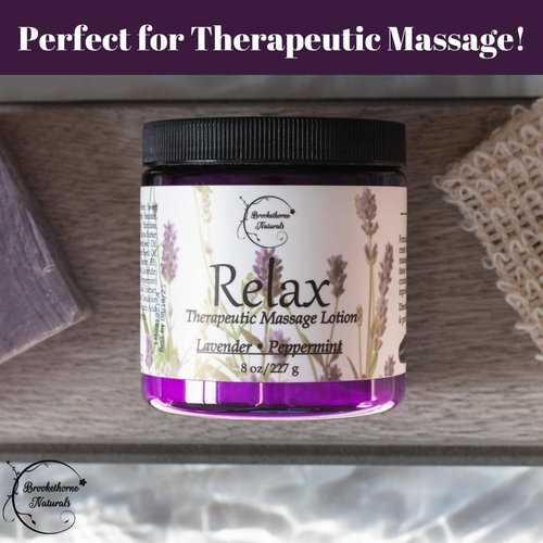 Relax Therapeutic Massage Lotion – All Natural Enriched with Lavender & Peppermint Essential Oils Perfect for Massage Therapy - Massage Cream for Full Body Massage - Brookethorne Naturals 8oz