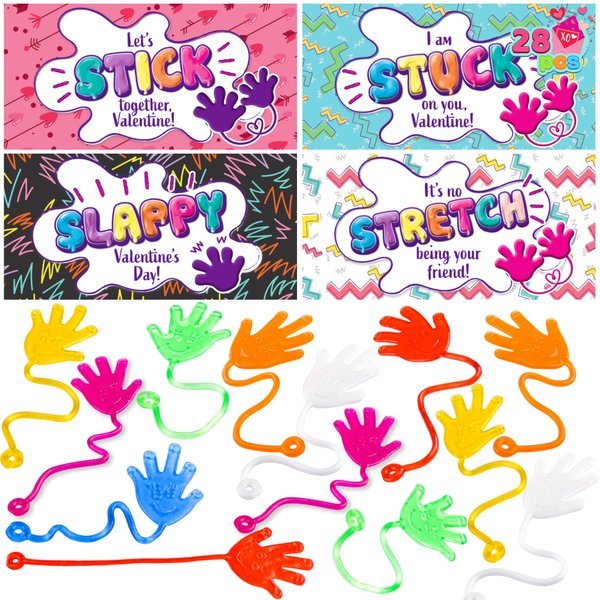 JOYIN 28 Packs Sticky Hands with Card Headers for Kids Party Favor, Classroom Exchange Prizes, Valentine’s Greeting Cards, Valentine Party Favors, Valentine Exchange Gifts