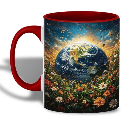 ANOVRA Earth Day Ceramic Mug - Planet Surrounded by Flowers Coffee Cup - Eco Friendly Nature Art - Sustainable Design for Environmental Awareness, 11oz