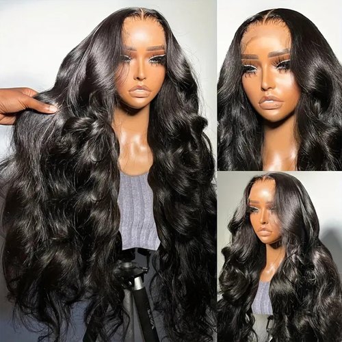 Generic Transparent Lace Frontal Body Wave Black Wigs Synthetic Artificial Hair with Pre-Plucked Wig for Black Women Girls Glueless Wigs Lace Frontal Wigs with Natural Hairline 26 Inch