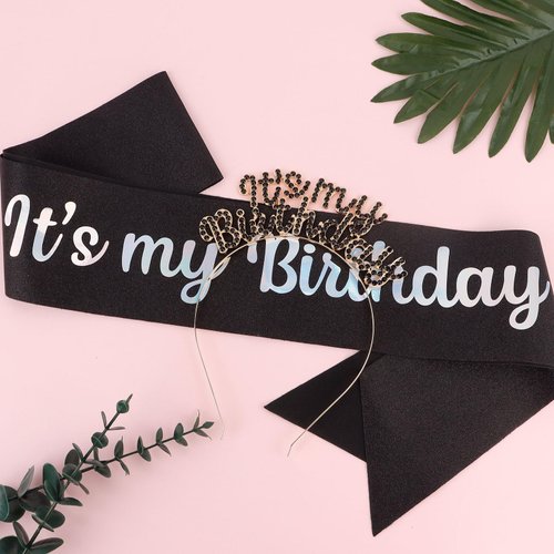 BAHABY Birthday Crowns for Women, It's My Birthday Sash & Birthday Headband Set Princess Birthday Sash and Rhinestone Tiara Birthday Party Decorations- Black