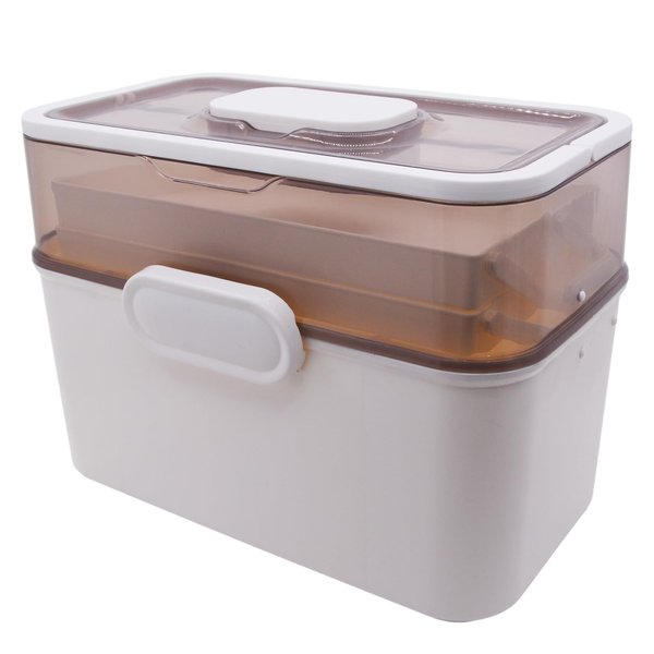 AnRui 3-Tier Medicine Storage Box, Emergencies First Aid Kit Container, Portable Plastic Medicine Storage Organizer Holder Multipurpose Box with Handle for Home, Travel, Camping, School (Beige Brown)