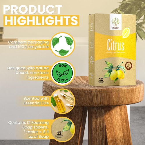 Terramandi Foaming Hand Soap Tablets 12 count Refill - Makes 96 fl oz of foaming hand soap (12x 8 fl oz bottles of soap) (Citrus)