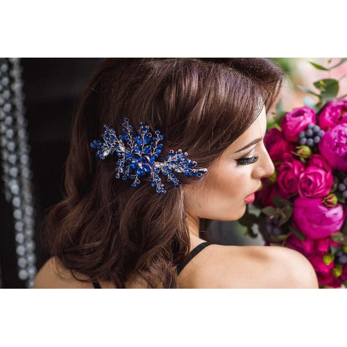 BERYUAN Women Royal Sapphire Opal Hair Comb Bridal Blue Crystal Flower Wedding Hair Accessory Gift for Her Party Headpiece for Bride Bridesmaid Girls(Blue)