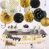 New Years Decorations 2025, Happy New Year Banner Gold Black Paper Lanterns Pom Poms Streamers Garland, New Year Eve Party Supplies 2025