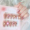 RUOKEXIN Coffin Press on Nails Long Fake Nails Pink Ombre False Nails with 3D Gold Charms Designs Press on Nails with Charms Glitter Acrylic Artificial Nails Summer Natural Stick on Nails for Women