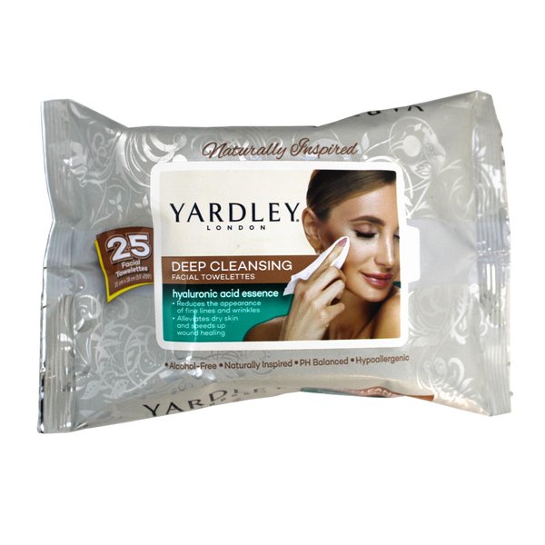 Yardley London Naturally Inspired Deep Cleansing Facial Towelettes, with Hyaluronic Acid Essence, Reduces Fine Lines and Wrinkles, Alleviates Dry Skin, Speeds Up Wound Healing, Hypoallergenic, 25 ct