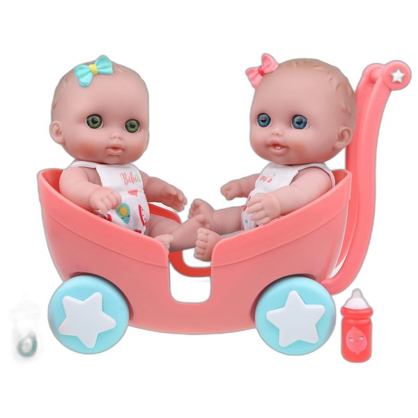 Lil Cutesies TWIN 8.5" All Vinyl Dolls and Stroller Set | Posable and Washable | Removable Outfits |Twin Stroller and Accessory | JC Toys | Ages 2+ , Green