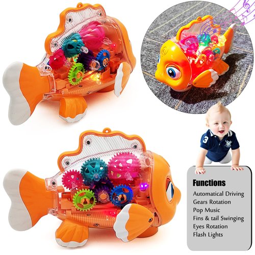 Tipmant Cute Electric Fish Toy Electronic Goldfish Animal Vehicle Car Auto Driving, Transparent Gears, Music, Flash Led Lights, Baby Toddler Kids Birthday Gifts
