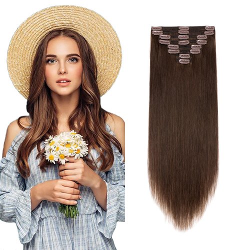 MY-LADY 140g Double Weft Clip in 100% Remy Human Hair Extensions #4 Medium Brown Grade 7A Quality Full Head Thick Thickened Long Soft Silky Straight 8pcs 18clips for Women Fashion 18" / 18 inch