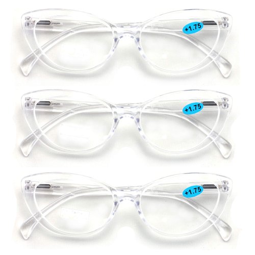 V.W.E. 3 Pairs Lot Women Cateye Translucent Clear Floral Pattern Fashion Reading Glasses Reader (3 Crystal Clear, 2.25)
