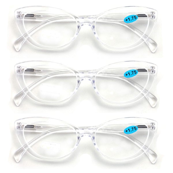 V.W.E. 3 Pairs Lot Women Cateye Translucent Clear Floral Pattern Fashion Reading Glasses Reader (3 Crystal Clear, 2.25)