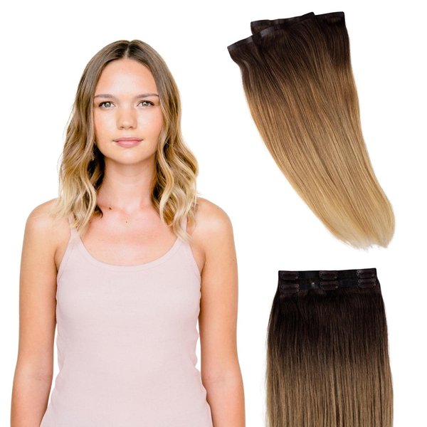 BFB Hair Clip-in Hair Extensions for Women, Real Human Hair Extensions for Short Hair, Honey Dipped Ombre Brunette & Blonde 14 inch 2 pcs 35 grams, Seamless Design, Made for Volume Only