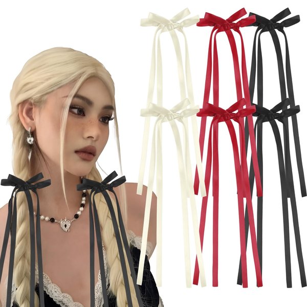 Bow for Hair, Teaaha Women's 6PCS Silky Satin Hair Bows - Long Tassel Ribbon Bowknot Clips for Ponytails, Coquette Bows Hair Accessories, Perfect for Valentine's Day Gifts (Black, Beige, Burgundy)