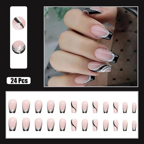 French Tip Press on Nails Medium Square Fake Nails French Black Nails Tip with Silver Glitter Line Design False Nails Stripe Full Cover Artificial Acrylic Nails Glue on Nails for Women DIY Manicure