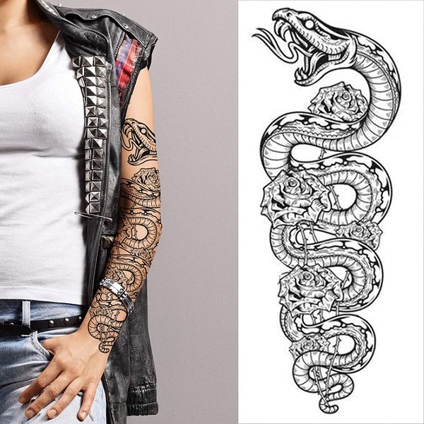 Tatodays 2 x Temporary tattoo full arm snake python roses stick on body art transfer for women and men cosplay halloween adult temp fake tattoo biker rocker fancy dress party cosplay