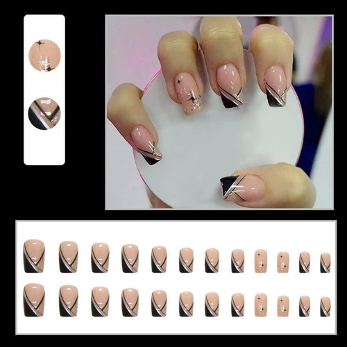 Square Press on Nails Medium Fake Nails Gold Glitter Full Cover False Nails with Black Line Star Design Glue on Nails Glossy Artificial Nails Daily Wear for Women Girls Nail Decoration 24 PCS