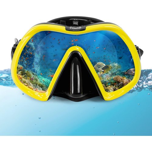 STOMP Snorkel Set Adults Snorkeling Gear Panoramic View Swim Mask Dry Top Snorkel Kit for Snorkeling Scuba Diving Swimming Travel （Yellow）