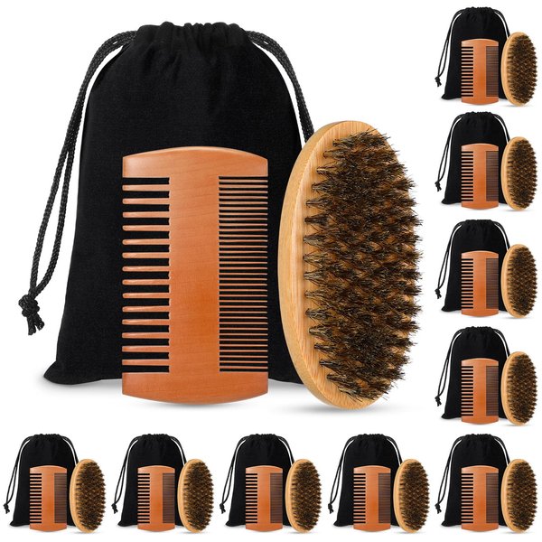10 Sets Beard Brush and Comb Set Beard Grooming Kit for Men Beard Care Natural Boar Bristle Brush Pear Wood Beard Comb Dual Sided Wide Tooth Comb with Travel Pouch for Valentine Gift(Oval)