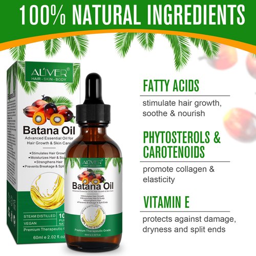 ALIVER Batana Oil for Hair Growth, Batana Oil Organic Cold Press, 100% Natural Batana Hair Oil - Enhances Hair & Skin Radiance, Anti Hair Loss and Repair Damaged Hair, 2.02 Fl Oz
