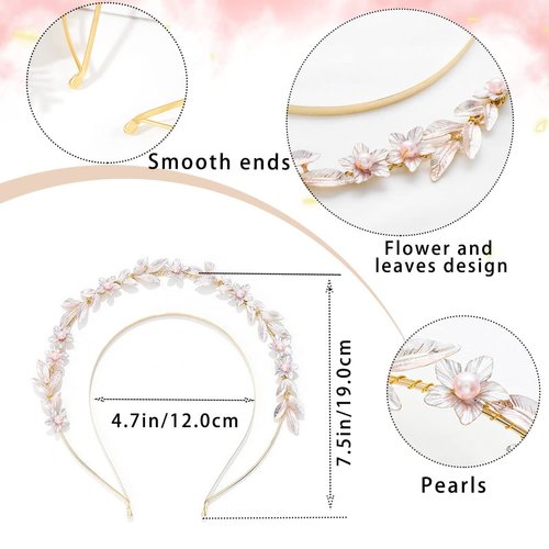 Woeoe FLower Pearls Crown Headband Gold Leaves Hair Band FLoral Double Tiara Headdress for Bride Bridesmaids Wedding Party