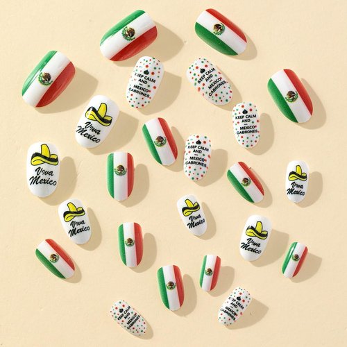 Mexico Press on Nails Short Medium Length Fake Nails Mexico Flag Design Acrylic Nails Supply Full Cover False Nails for Women and Girls Mexican Independence Day Press on Nails Medium Oval Artificial Nails