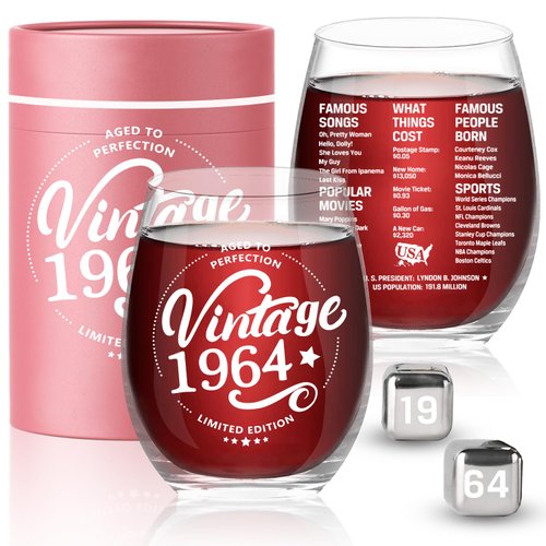 Greatingreat 1964 Old Time Information 60th Birthday Gifts for Women Men - 1964 Vintage 15 oz Stemless Wine Glass - 60 Year Old Birthday Party Decorations - Sixty Class Reunion Ideas