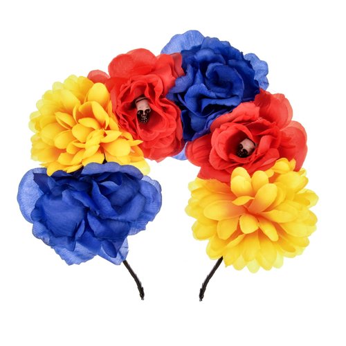 Accesyes Custom Mexican Flower Crown Day of Dead Headpiece Hawaiian BOHO Frida Floral Headband Dia de Los Muertos Party Favor (Blue Yellow SK Red)