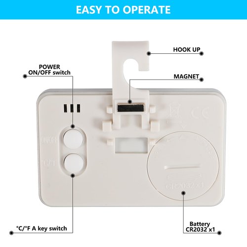 JUZITAO 4PCS Refrigerator Fridge Thermometer Digital Freezer Room Thermometer Waterproof Indoor Thermometer with Hook, Large LCD Display White