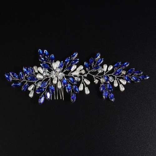 Xerling Vintage Hair Comb Brides Wedding Blue Crystal Hair Accessory Bridal Headpiece Pearl Hair Piece Jewelry (Blue)