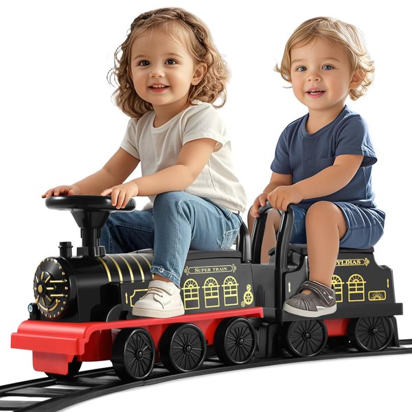 JOYLDIAS Ride On Train with 16pcs Curved Tracks and Carriage, 6V Electric Ride On Toy Train for Kids with Lights, Horns, Storage, Retractable Foot Pedals for Toddlers Under 39 inch, Black