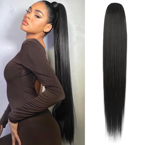 REECHO Ponytail Extension Drawstring Long Straight Ponytail Extensions 30” Natural Silky Soft Clip in Ponytail Hair Extensions Synthetic Hairpiece for Women, Black