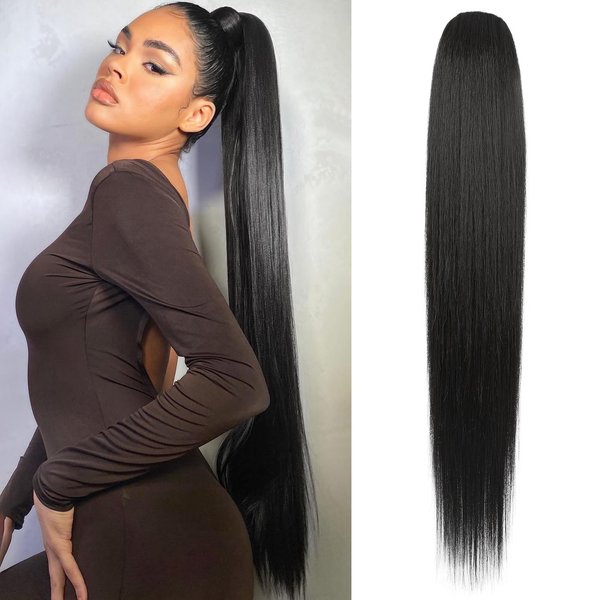 REECHO Ponytail Extension Drawstring Long Straight Ponytail Extensions 30” Natural Silky Soft Clip in Ponytail Hair Extensions Synthetic Hairpiece for Women, Black