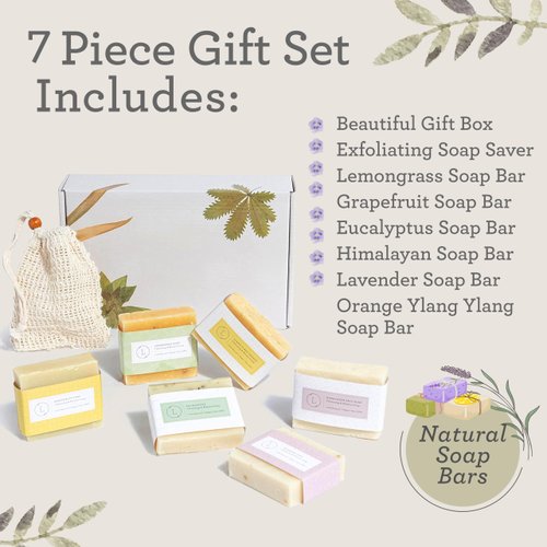 Lizush Luxury Spa Gift Basket And Self Care Gifts For Women With Lemongrass, Grapefruit, Eucalyptus, Orange Ylang Ylang, Lavender. 6 Natural Soap Bars, Soap Saver - Giftable - 6 Piece Set