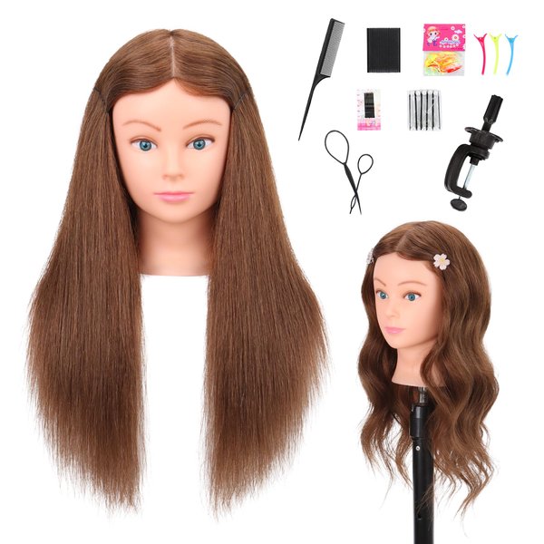 Mannequin Head Human Hair 22"-24" Female 100% Human Hair Mannequin Head Hair Styling Cosmetology Manikin Head Doll Head for Hairdresser with Free Clamp Holder and Tools