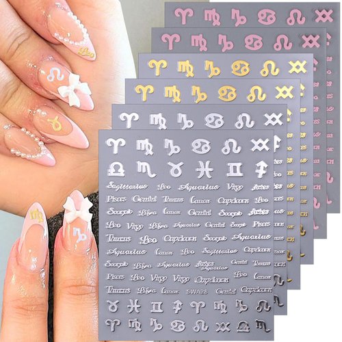 8 Sheets English Letters Nail Stickers for Nail Art Zodiac Letter Nail Art Stickers Gold Silver Pink Twelve Constellation Nail Design Stickers 3D Self-Adhesive Letter Nail Decals for Nail Tips Decor