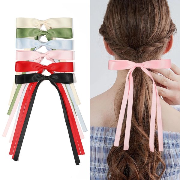 Semoya 6 Pcs Hair Bows Clips for Women, Ribbon Tassle Bows for Hair Barrettes (Green-Pink-Black-Red-Beige-Blue)
