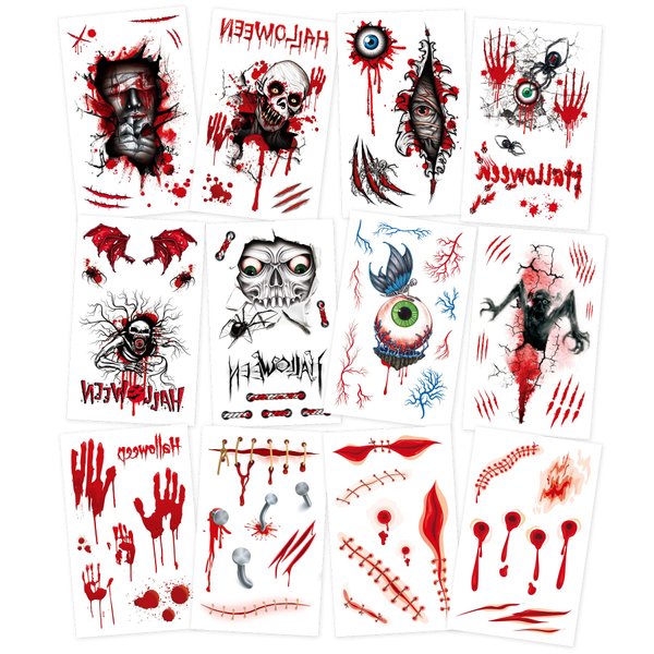 12-Pack Halloween Temporary Tattoos - 2.9 x 4.7 Inch Skulls, Scars, Ghosts, Spiders, Eyeballs, Bloodstains, Nails Design - Perfect for Kids & Adults Halloween Party Cosplay