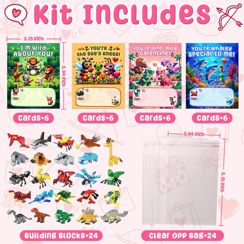 Enrosa Valentine Gifts for Kids Classroom, 24 Packs Building Blocks with Valentines Cards for Kids Classroom, Valentines Day Classroom Gifts for Party Favors and Goodie Bag Stuffers