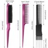 3 Pieces Pick Teasing Combs Hair Brush Set Includes Black Carbon Lift Teasing Combs with Metal Prong, Triple Pin Rat Tail Comb, Nylon Bristle Hair Comb Brush for Women (Black, Rose Red)