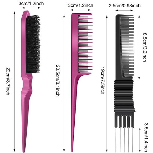 3 Pieces Pick Teasing Combs Hair Brush Set Includes Black Carbon Lift Teasing Combs with Metal Prong, Triple Pin Rat Tail Comb, Nylon Bristle Hair Comb Brush for Women (Black, Rose Red)