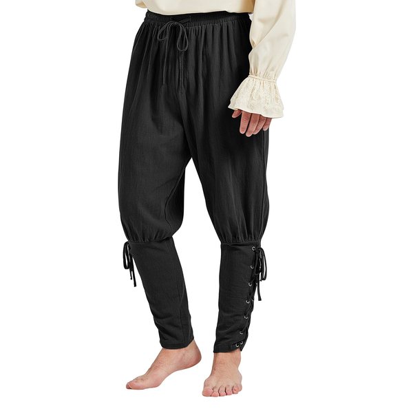 Men’s Pirate Pants Renaissance Pants Medieval Viking Navigator Ankle Banded Pants Halloween Costume Cosplay with Drawstrings Black 2XL
