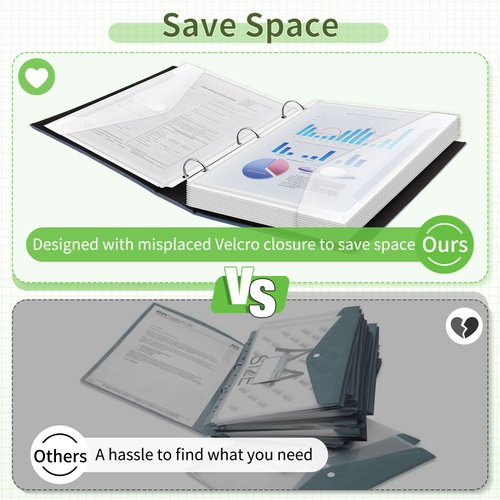 Sooez 30Pack Binder Folders with Space-Saving Closure, Super Heavyweight Binder Pockets for 3 Ring Binder, High Capacity Clear Binder Pouch, Side Loading, 3 Ring Folders with Pockets, Letter Size