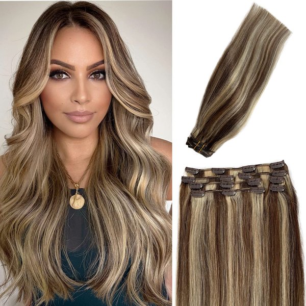 Thicker Fuller Hair Extensions Clip in, Medium Brown with Bleach Blonde Highlight 12 Inch Clip in Hair Extensions for Women Straight Blonde Highlighted Brown Real Remy Human Hair Extensions 70G 7Pcs