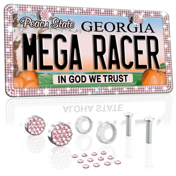 Mega Racer Black Bling License Plate Frame 1 Pack - 650 Pieces Premium Crystal Diamond Rhinestones, 2 Holes Stainless Steel Weatherproof