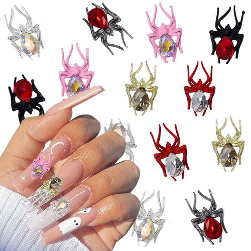 LRKNNO Halloween Nail Charms 3D Alloy Spider Nail Charms Gold Silver Red Pink Black Spider Nail Gems Jewelry Spider Nail Rhinestones Design Halloween Charms for Acrylic Nails DIY Nail Decoration 12Pcs