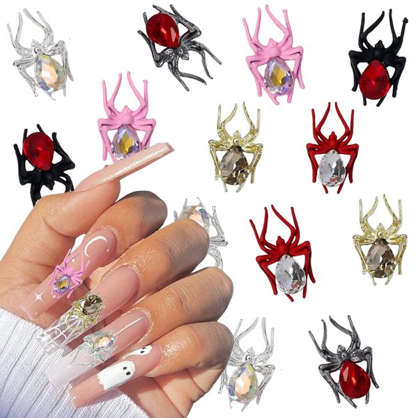 LRKNNO Halloween Nail Charms 3D Alloy Spider Nail Charms Gold Silver Red Pink Black Spider Nail Gems Jewelry Spider Nail Rhinestones Design Halloween Charms for Acrylic Nails DIY Nail Decoration 12Pcs