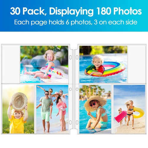 MaxGear 30 Pack Photo Sleeves for 3 Ring Binder - (4x6, for 180 Photos)，Archival Photo Pages Photo Album Refill Pages Photo Sheet Protector Page Protectors 8.5 x 11, Each Page Holds Six 4x6 Pictures