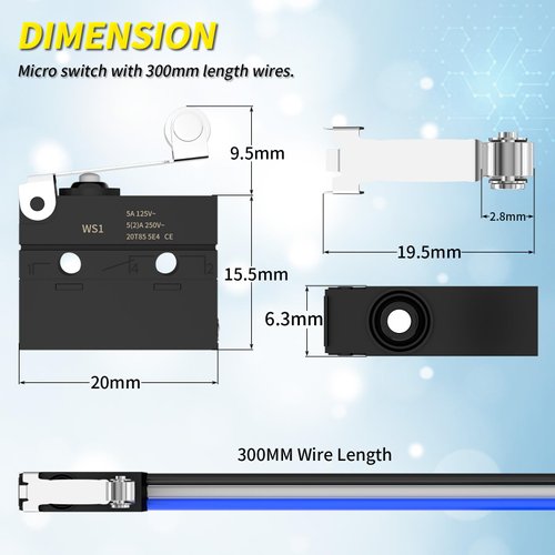 Joinfworld Micro Limit Switch with Lever 6A 12V DC Waterproof Sealed Roller Lever Microswitch SPDT 3 PIN 5A 250VAC with Pre-Wired - 2PC