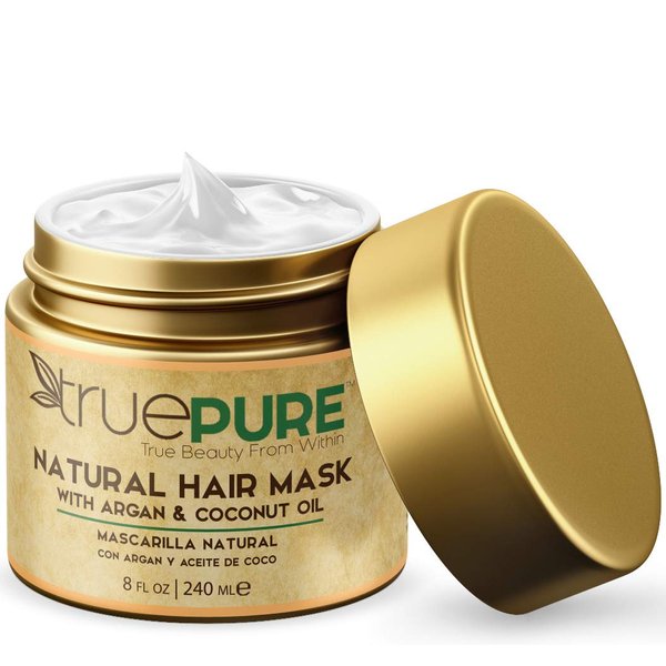 TruePure Argan Oil Hair Mask Conditioner for Dry Damaged Hair - Deep Conditioning Hydrating Hair Repair Treatment with Coconut, Caffeine, Jojoba - Stronger, Thicker & Fuller Hair Growth - 8oz